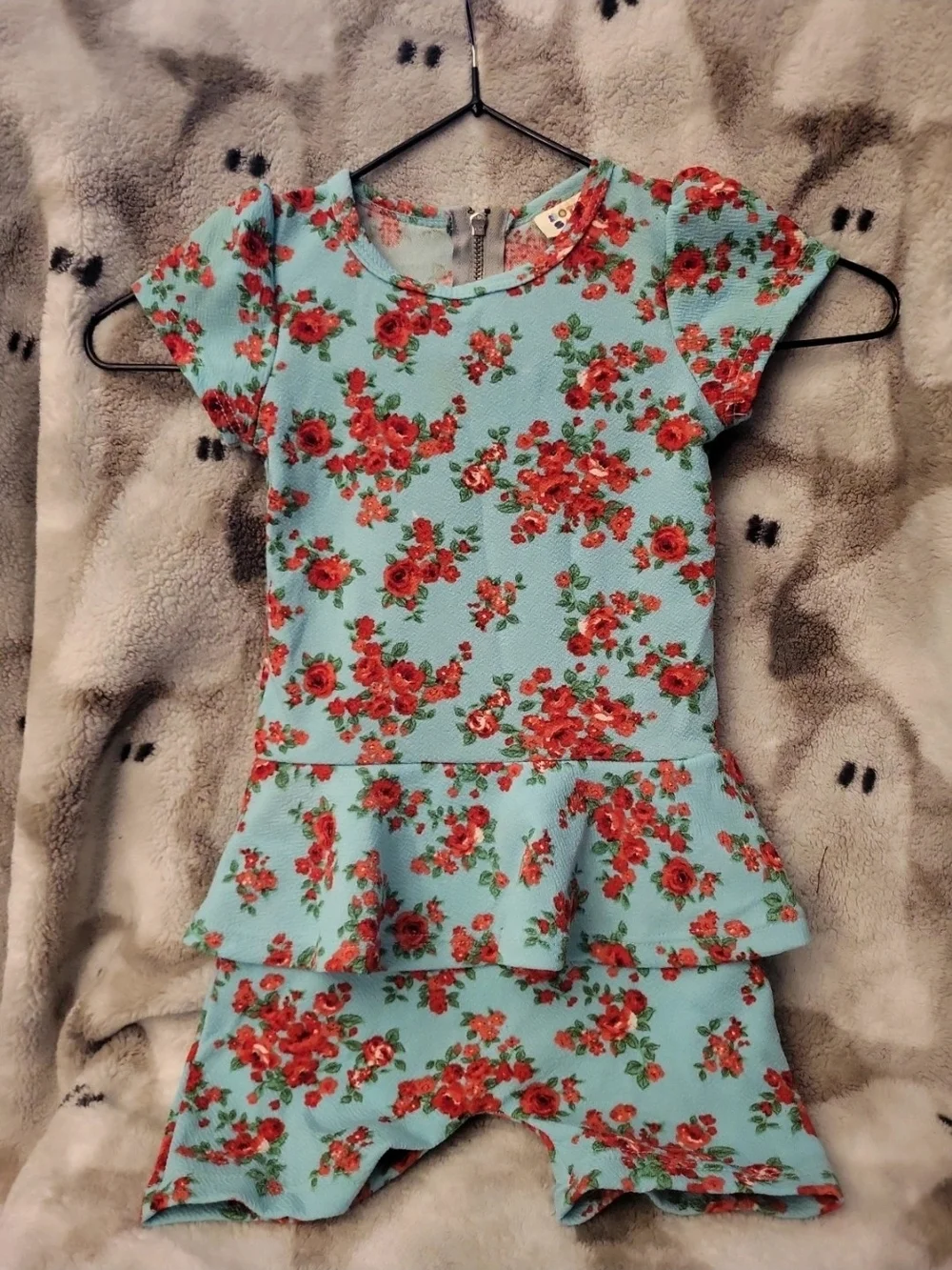 Dot Dot Smile Light Blue Floral Peplum Romper with Red Roses